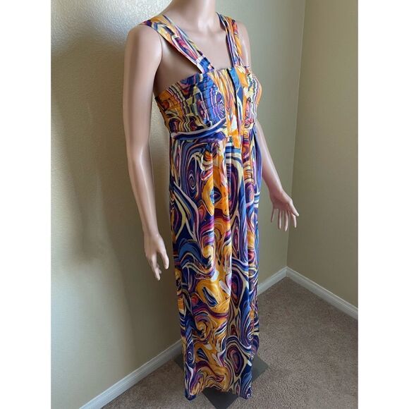 Line & Dot Silk Maxi Dress Orange Blue Purple Swirl Pattern Size Small - Picture 4 of 12